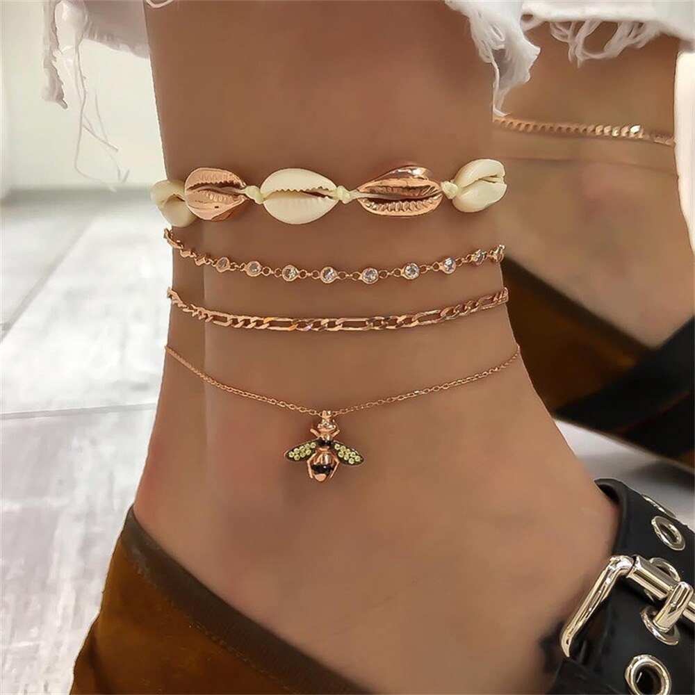 Boho Shell & Bee Charm Anklet Set – 4-Piece Layered Beach Ankle Bracelet