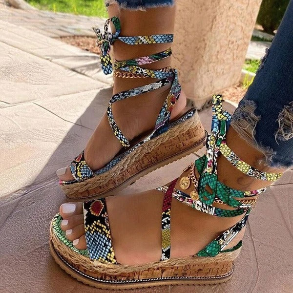 Boho Strap & Tie Platform Sandals – Fashionable Summer Footwear for Women