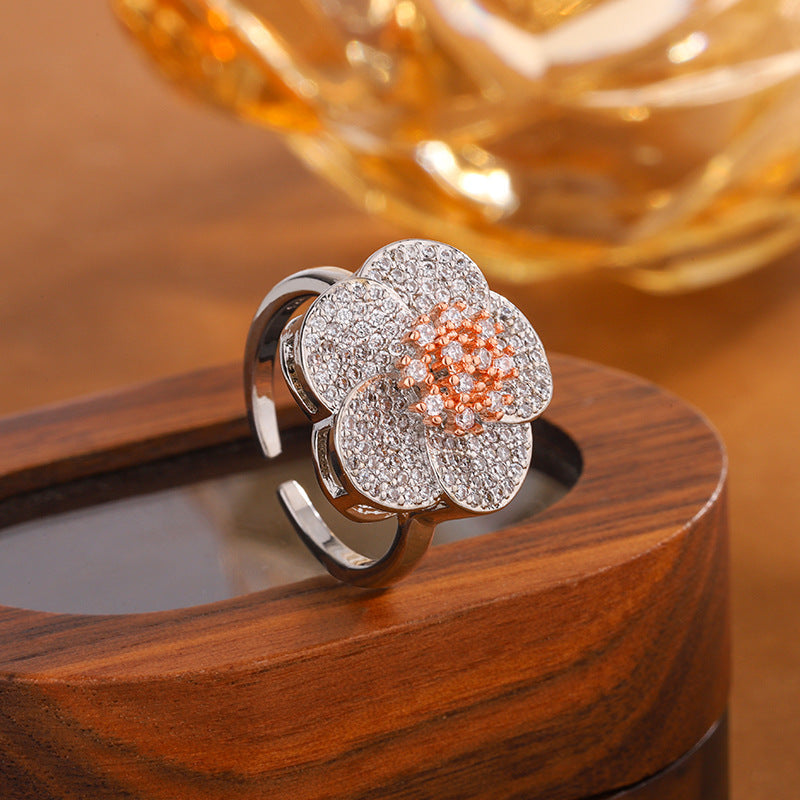 Blooming Flower Adjustable Ring – Women’s Simple Cute Zircon Jewelry