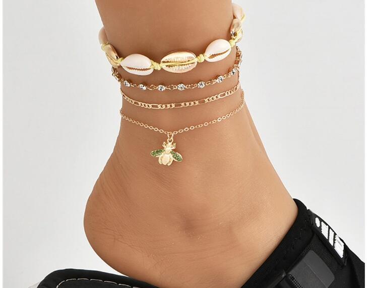 Boho Shell & Bee Charm Anklet Set – 4-Piece Layered Beach Ankle Bracelet