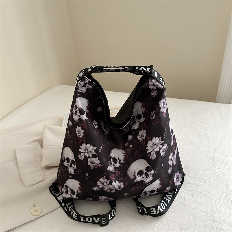 Creative Skull Design Nylon Shoulder Bag – Women's Edgy Style Large Capacity Tote