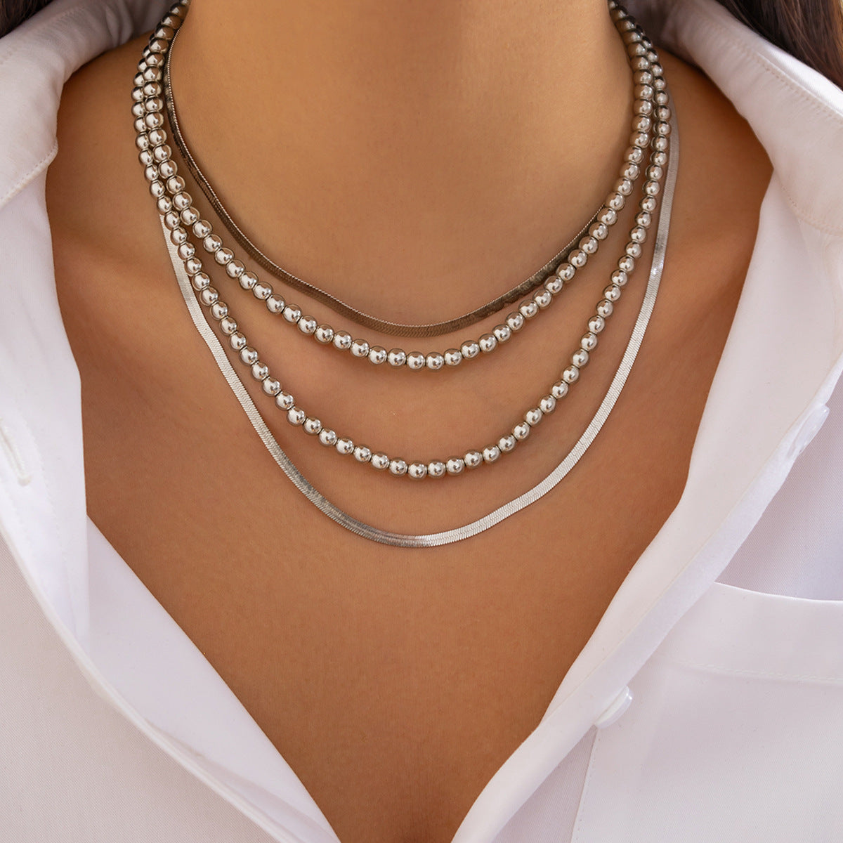 Layered Hip Hop Style Chain Set – Beaded & Flat Snake Necklace Blend
