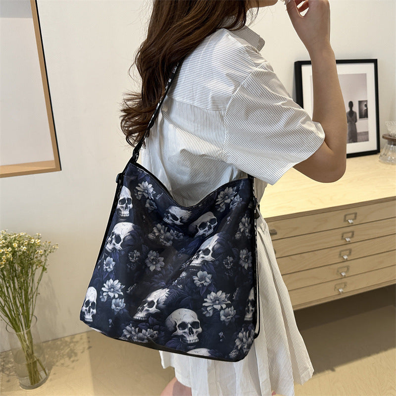 Creative Skull Design Nylon Shoulder Bag – Women's Edgy Style Large Capacity Tote
