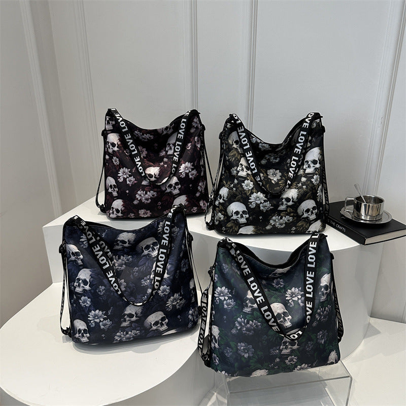 Creative Skull Design Nylon Shoulder Bag – Women's Edgy Style Large Capacity Tote