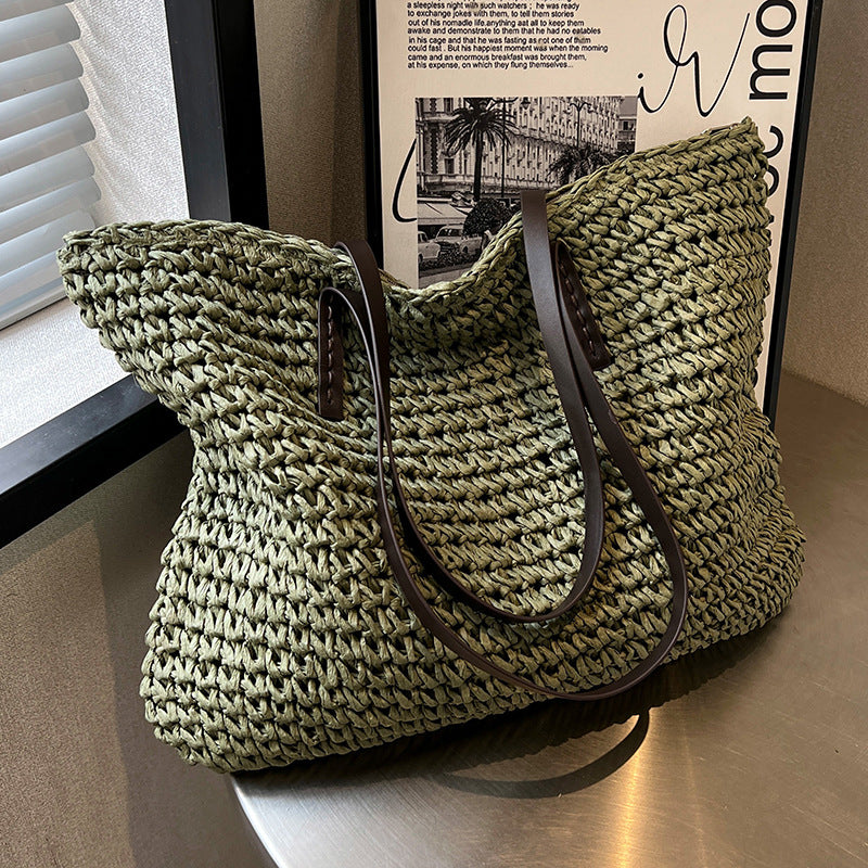 Coastal Handwoven Straw Shoulder Tote with Leather Straps