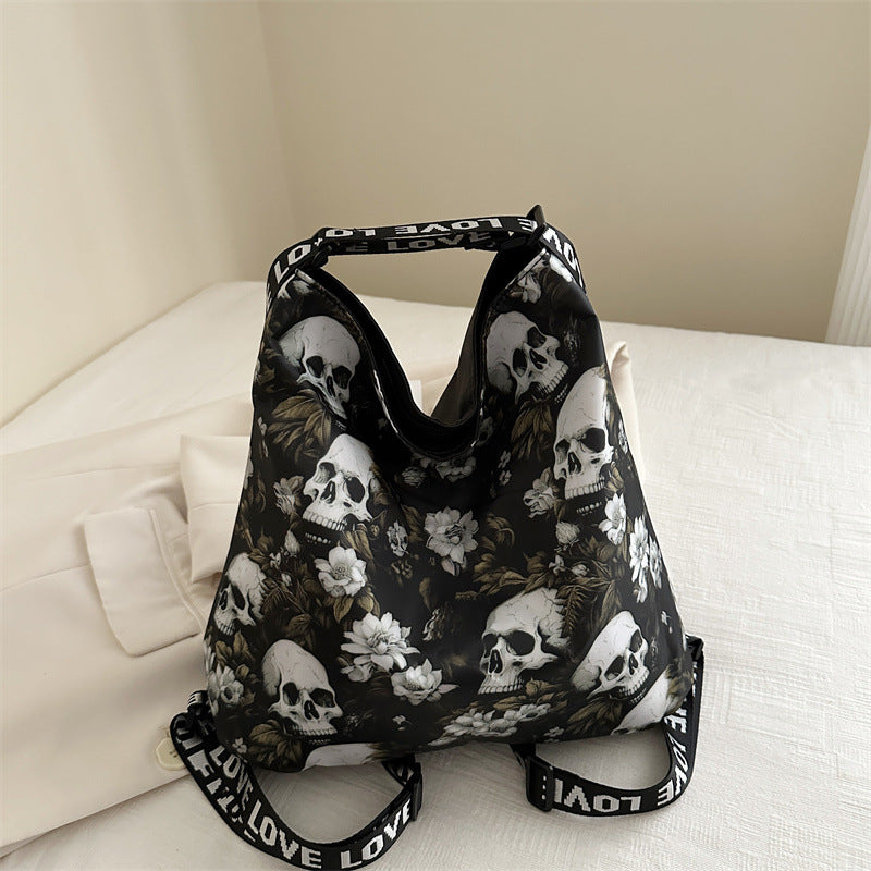 Creative Skull Design Nylon Shoulder Bag – Women's Edgy Style Large Capacity Tote