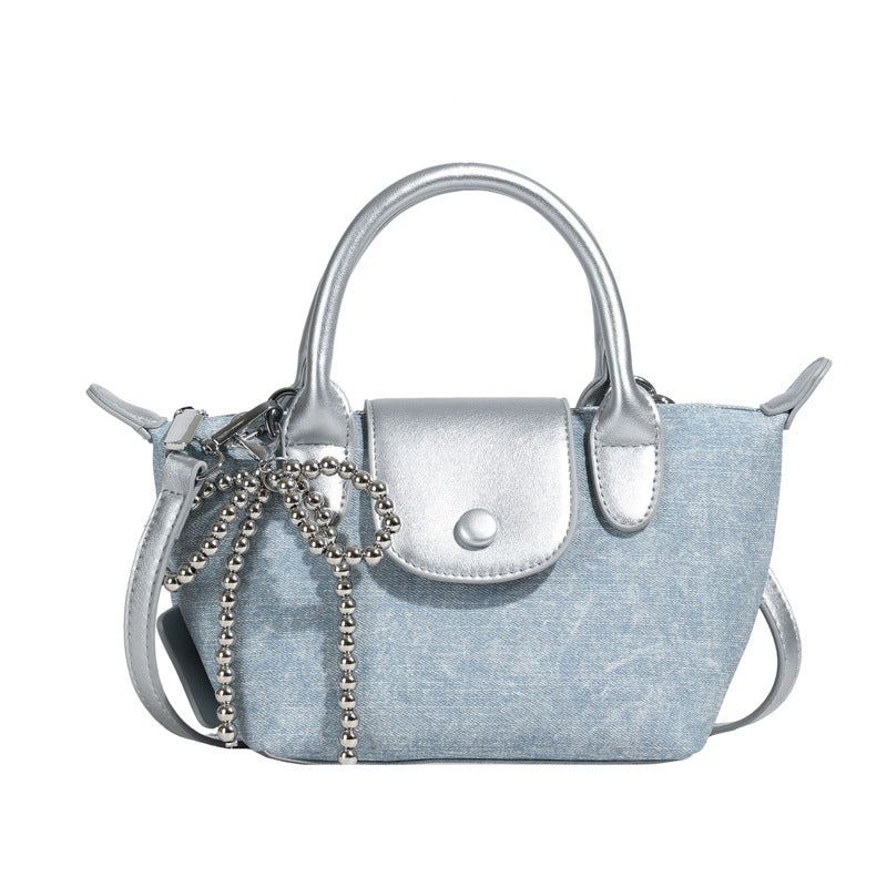 Denim Dumpling Style Handbag - Shoulder Purse with Beaded Strap