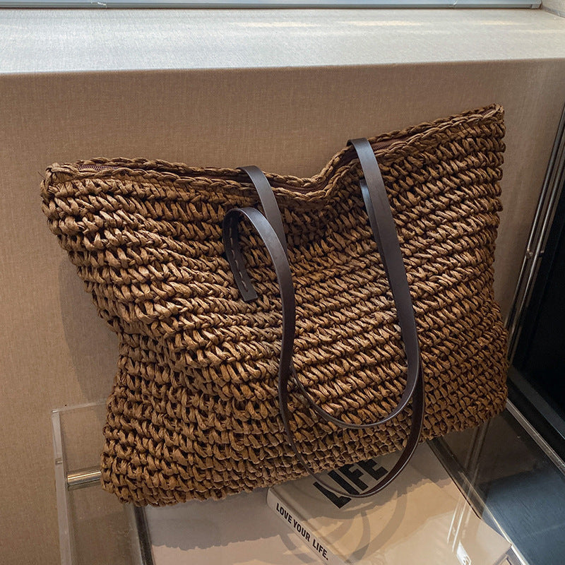 Coastal Handwoven Straw Shoulder Tote with Leather Straps