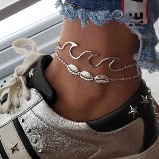Beach Wave Shell Anklet Set – 2-Piece Alloy Charm Ankle Bracelets