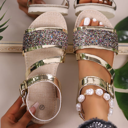 Women’s Sequin Buckle Platform Sandals – Sparkly Summer Lifted Style