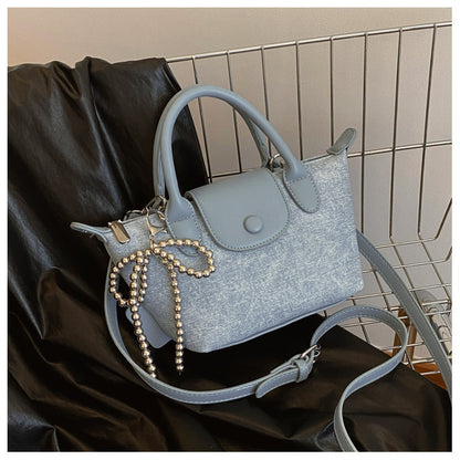 Denim Dumpling Style Handbag - Shoulder Purse with Beaded Strap