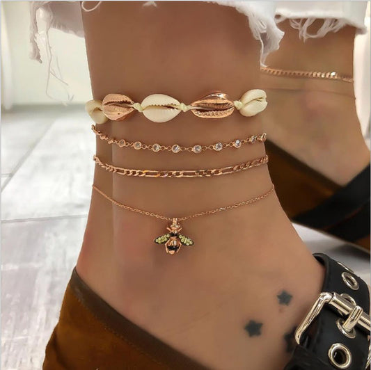 Boho Shell & Bee Charm Anklet Set – 4-Piece Layered Beach Ankle Bracelet
