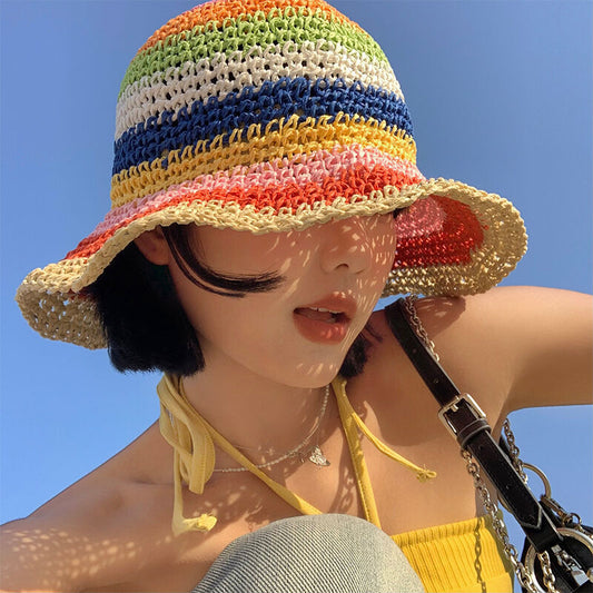 Colorful Rainbow Straw Bucket Hat – Breathable Summer Sun Protection