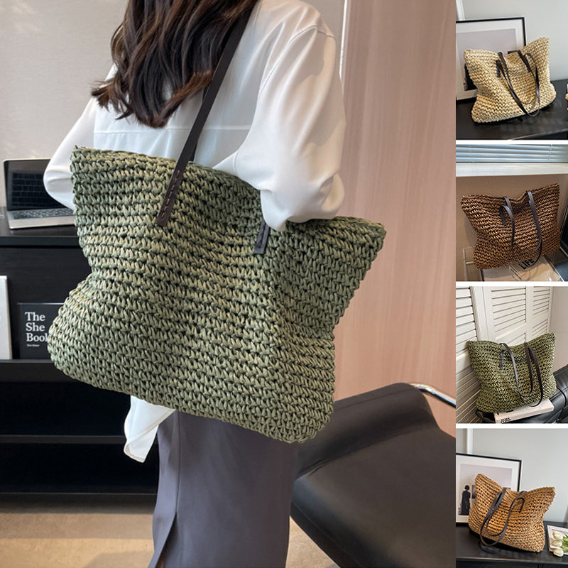 Coastal Handwoven Straw Shoulder Tote with Leather Straps