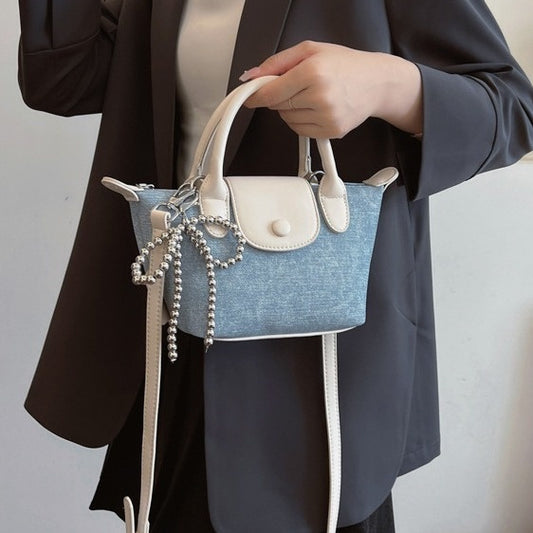 Denim Dumpling Style Handbag - Shoulder Purse with Beaded Strap