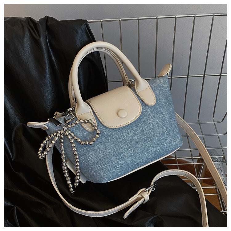 Denim Dumpling Style Handbag - Shoulder Purse with Beaded Strap