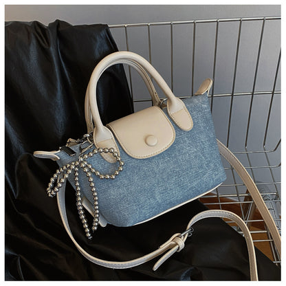 Denim Dumpling Style Handbag - Shoulder Purse with Beaded Strap