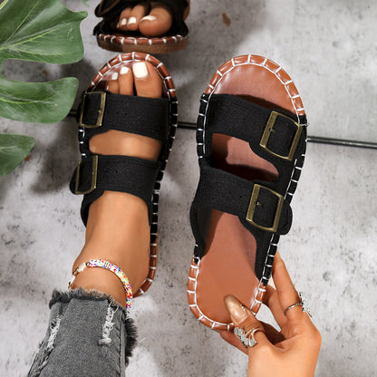 Double Buckle Round Toe Beach Slippers – Women’s Soft Bottom Slip-On Sandals