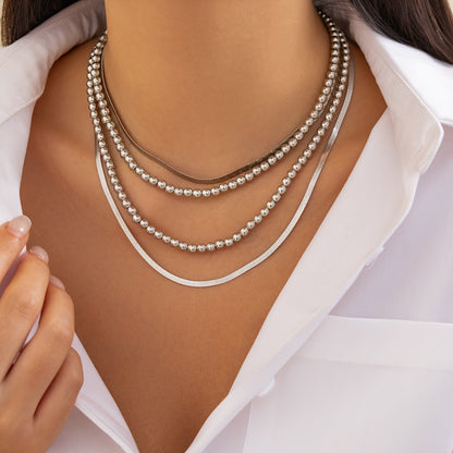 Layered Hip Hop Style Chain Set – Beaded & Flat Snake Necklace Blend