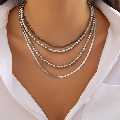 Layered Hip Hop Style Chain Set – Beaded & Flat Snake Necklace Blend