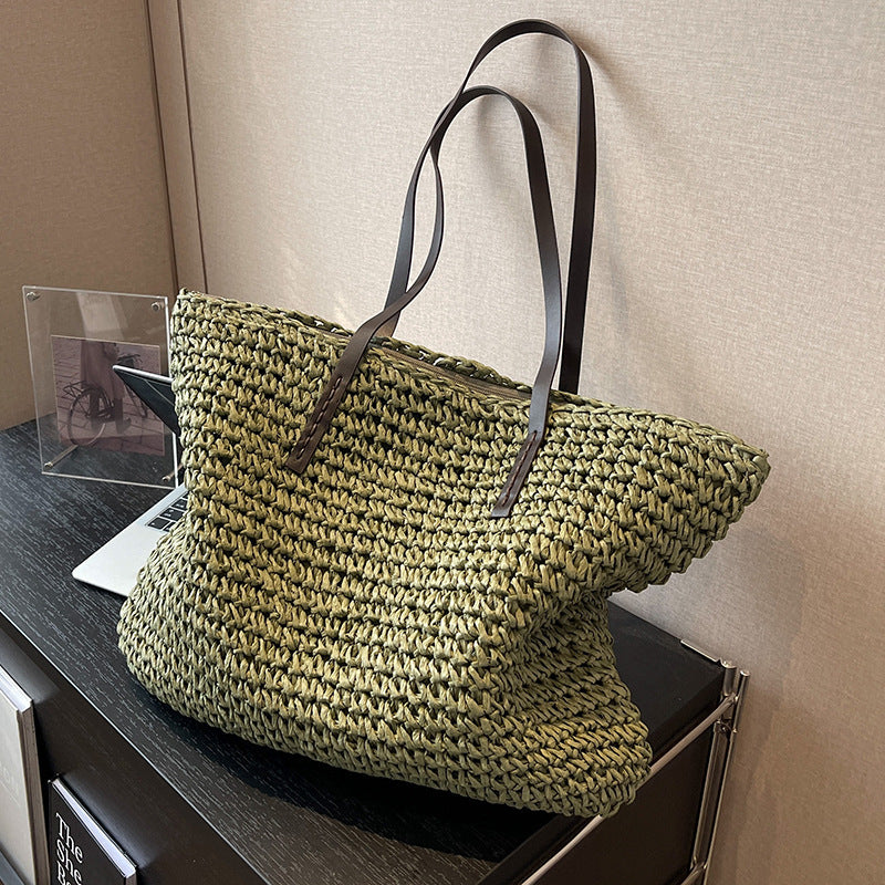 Coastal Handwoven Straw Shoulder Tote with Leather Straps