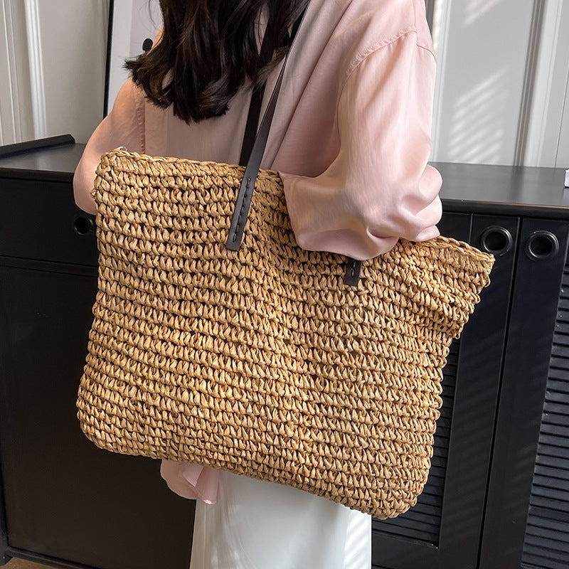 Coastal Handwoven Straw Shoulder Tote with Leather Straps