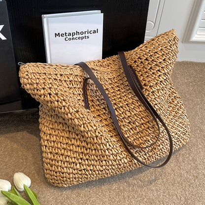 Coastal Handwoven Straw Shoulder Tote with Leather Straps