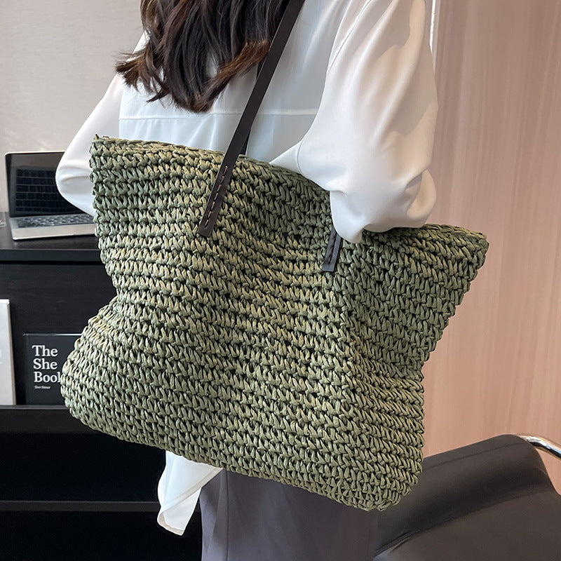 Coastal Handwoven Straw Shoulder Tote with Leather Straps