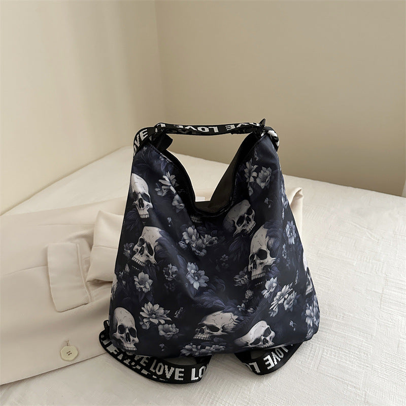Creative Skull Design Nylon Shoulder Bag – Women's Edgy Style Large Capacity Tote