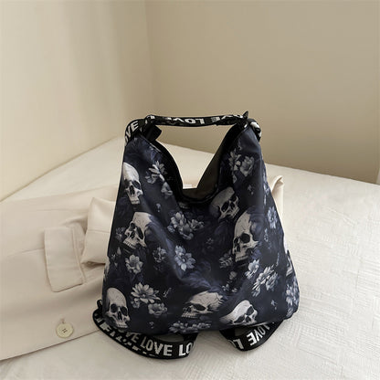 Creative Skull Design Nylon Shoulder Bag – Women's Edgy Style Large Capacity Tote