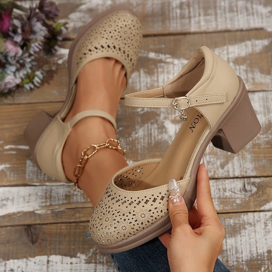 Retro Hollow-Out Mid Heel Pumps – Ankle Strap Buckle Women’s Dress Shoes