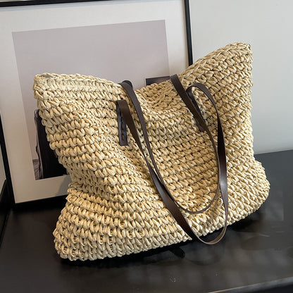 Coastal Handwoven Straw Shoulder Tote with Leather Straps