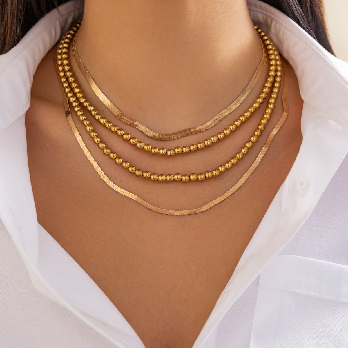 Layered Hip Hop Style Chain Set – Beaded & Flat Snake Necklace Blend