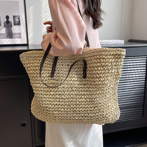 Coastal Handwoven Straw Shoulder Tote with Leather Straps