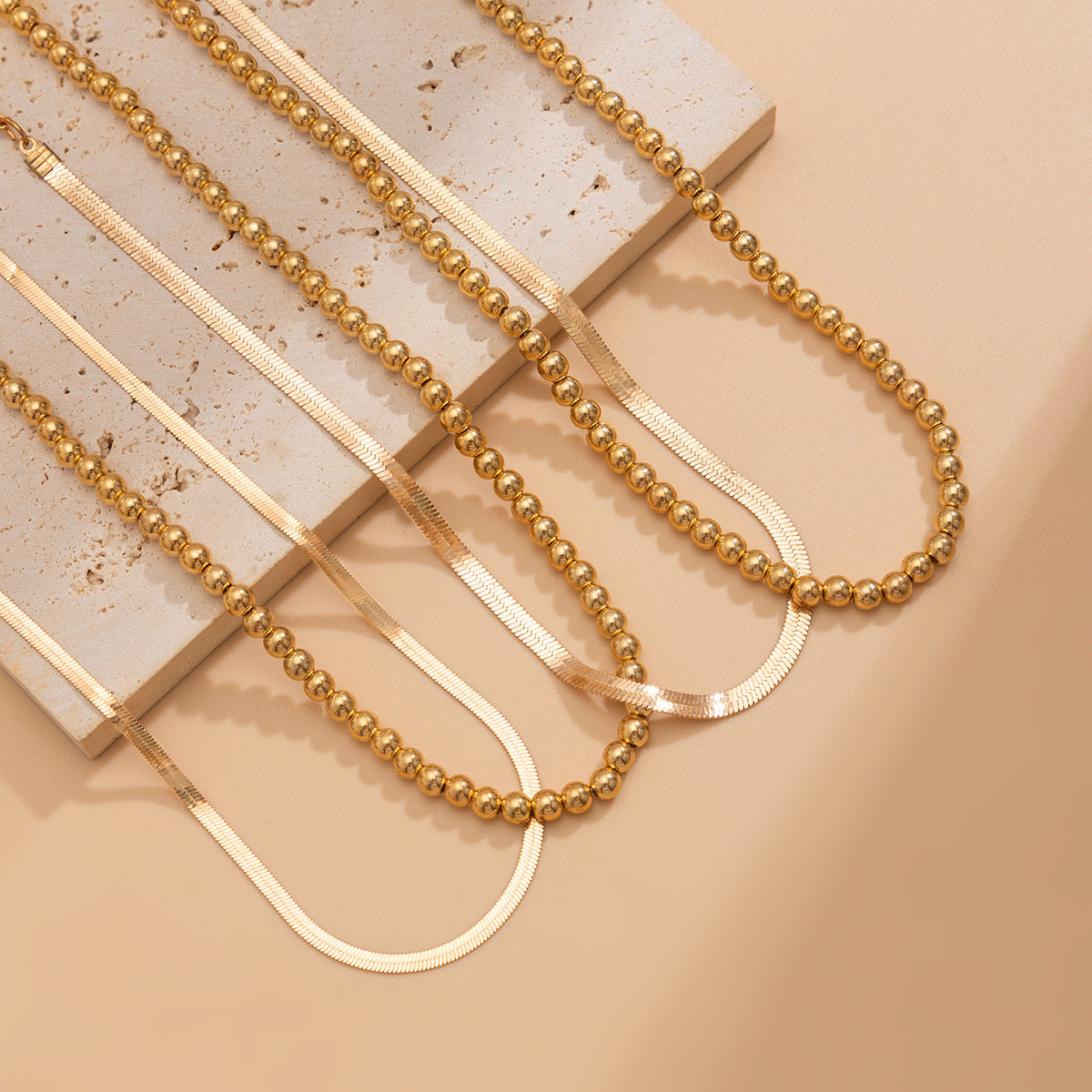 Layered Hip Hop Style Chain Set – Beaded & Flat Snake Necklace Blend