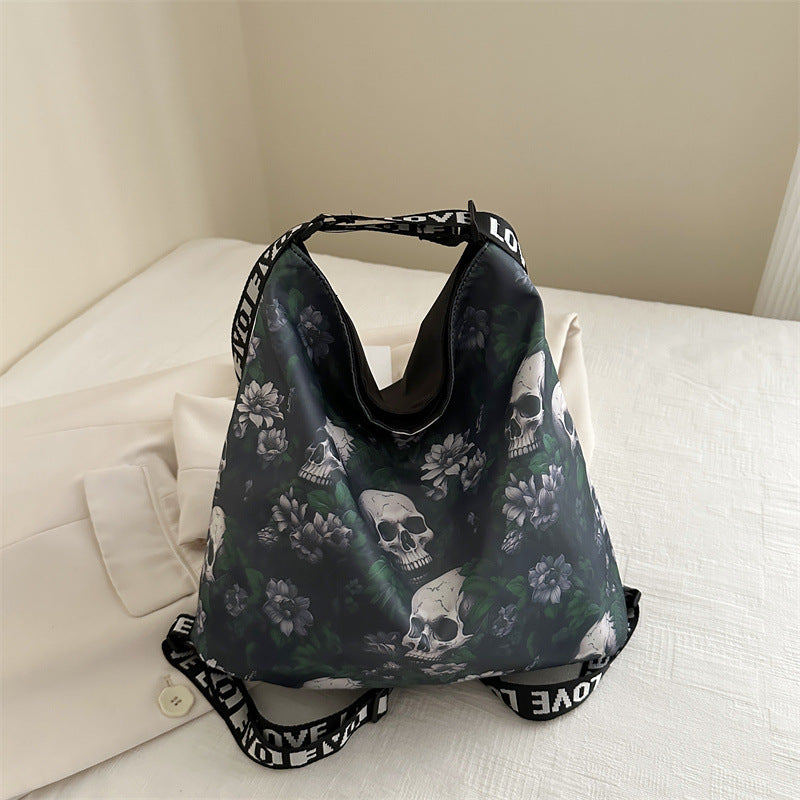 Creative Skull Design Nylon Shoulder Bag – Women's Edgy Style Large Capacity Tote