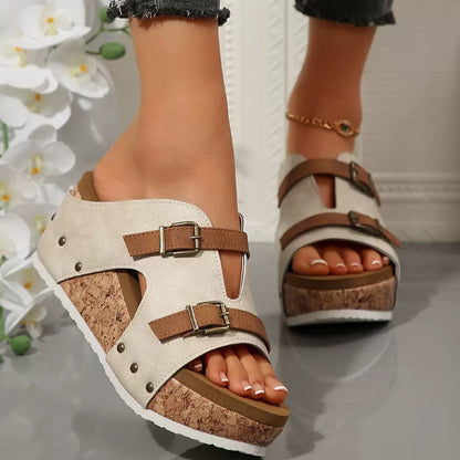 Ins Chunky Buckle Wedge Sandals – Open-Toe High Heel Beach Slides