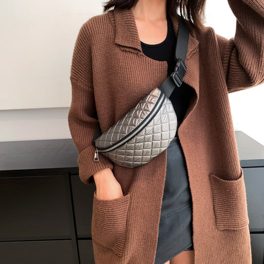 Rhombus Stitch Leather Waist Bag – Quilted Shoulder Belt Bag for Women