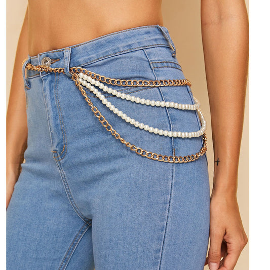 Pearl & Gold Waist Chain – 4-Layer Fashion Summer Body Jewelry