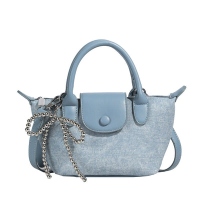 Denim Dumpling Style Handbag - Shoulder Purse with Beaded Strap
