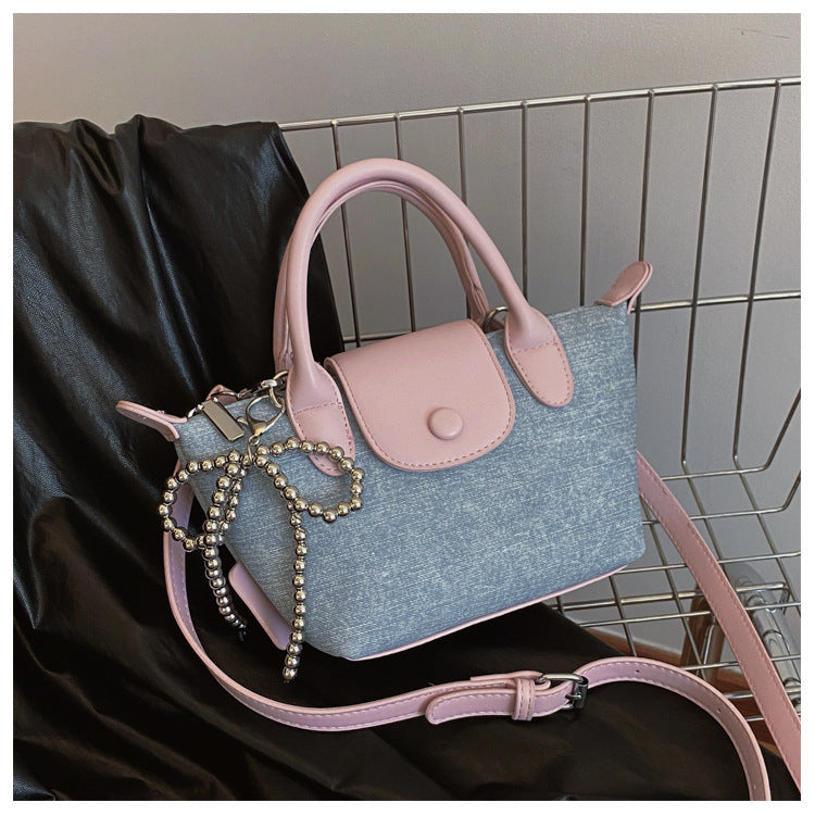Denim Dumpling Style Handbag - Shoulder Purse with Beaded Strap