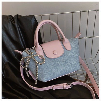 Denim Dumpling Style Handbag - Shoulder Purse with Beaded Strap