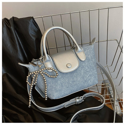 Denim Dumpling Style Handbag - Shoulder Purse with Beaded Strap