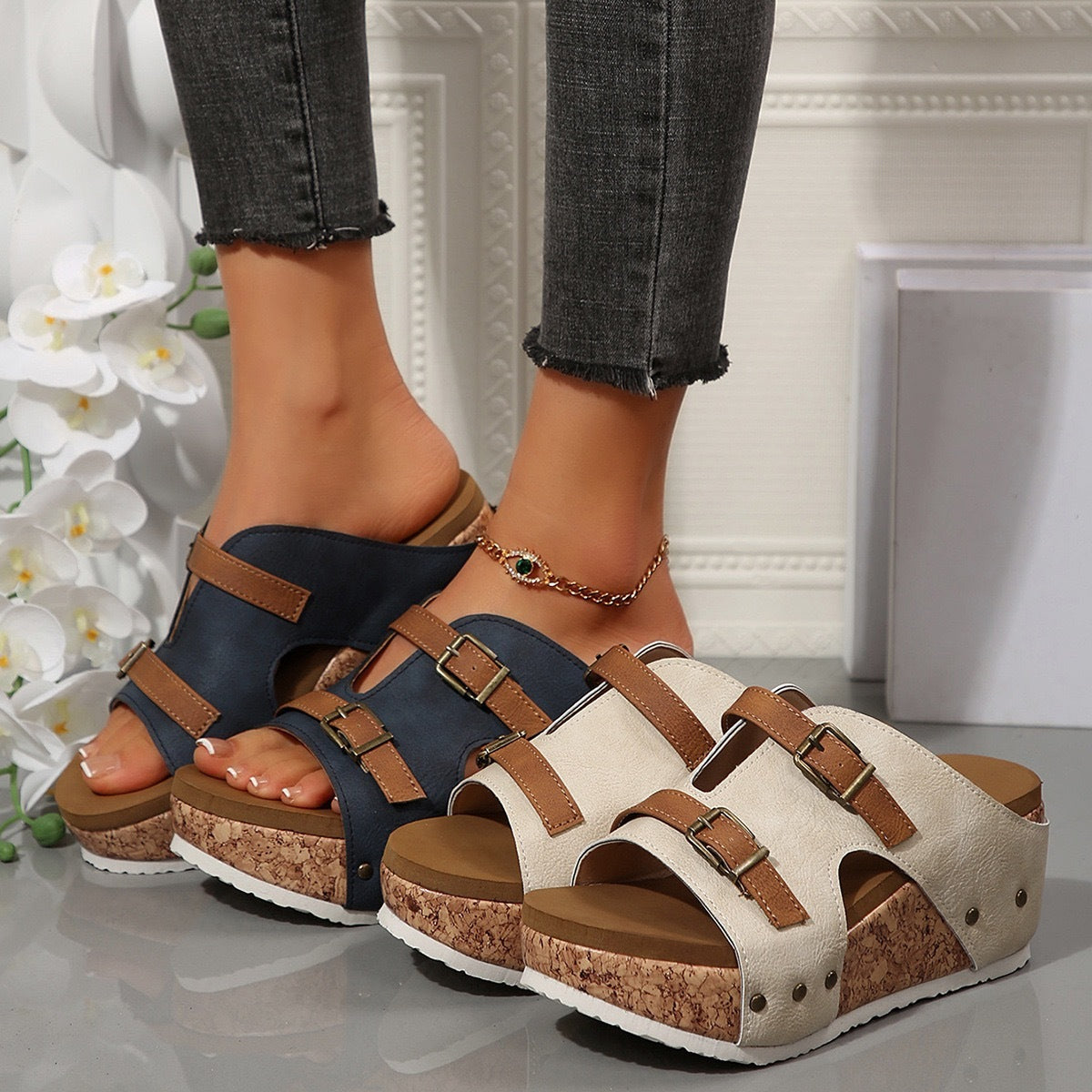 Ins Chunky Buckle Wedge Sandals – Open-Toe High Heel Beach Slides