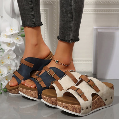 Ins Chunky Buckle Wedge Sandals – Open-Toe High Heel Beach Slides