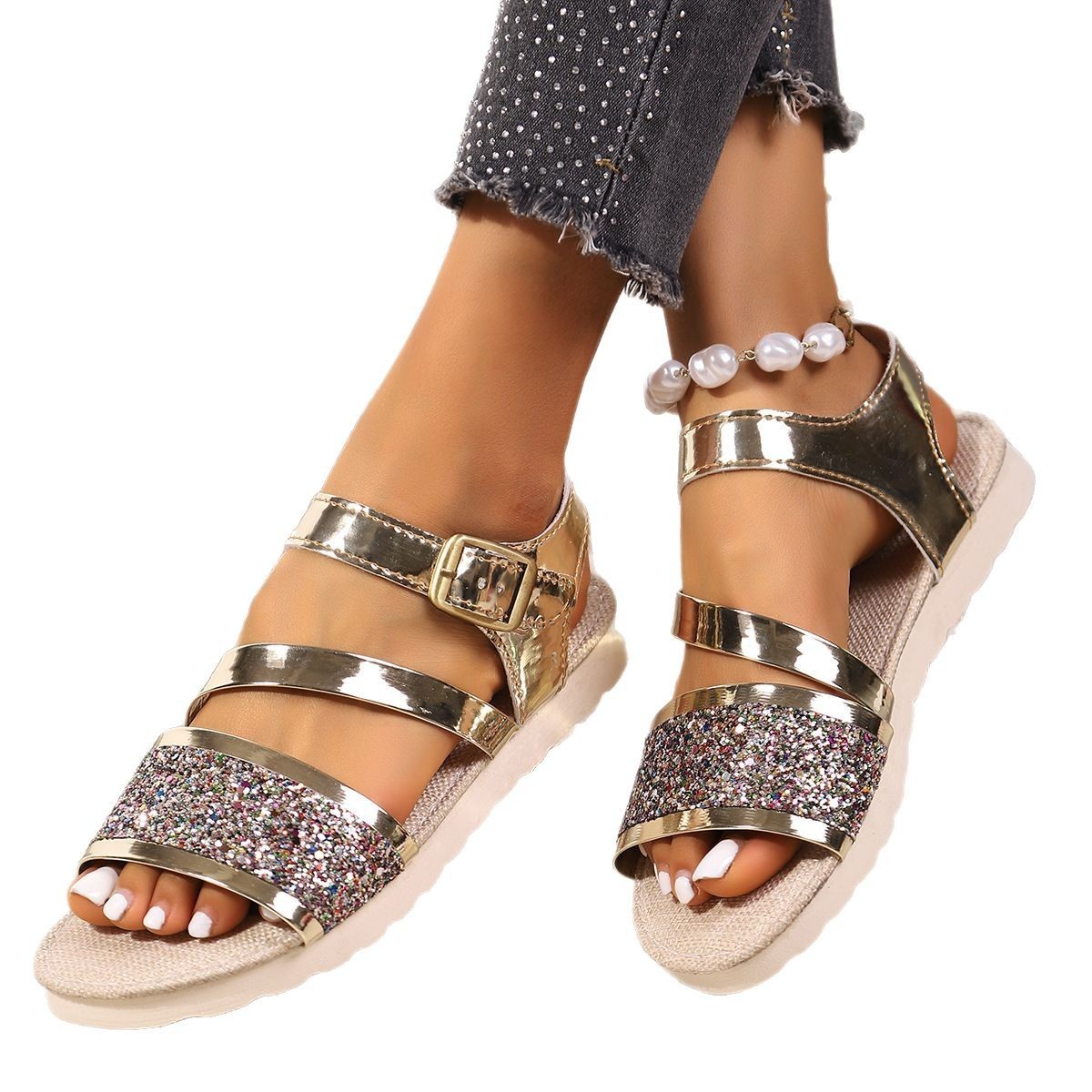 Women’s Sequin Buckle Platform Sandals – Sparkly Summer Lifted Style