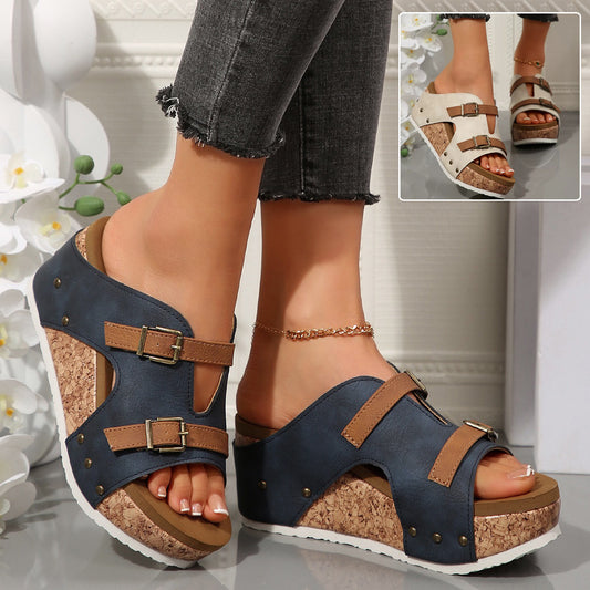 Ins Chunky Buckle Wedge Sandals – Open-Toe High Heel Beach Slides