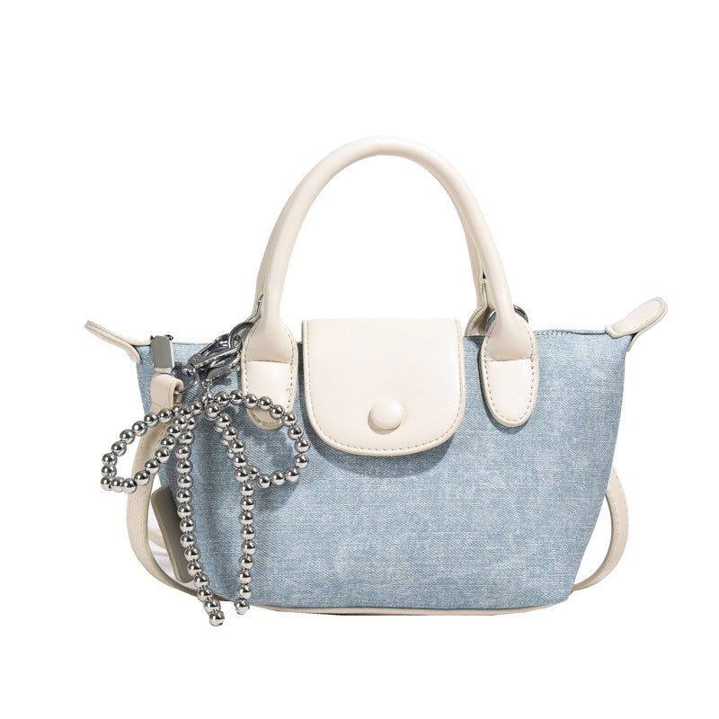 Denim Dumpling Style Handbag - Shoulder Purse with Beaded Strap