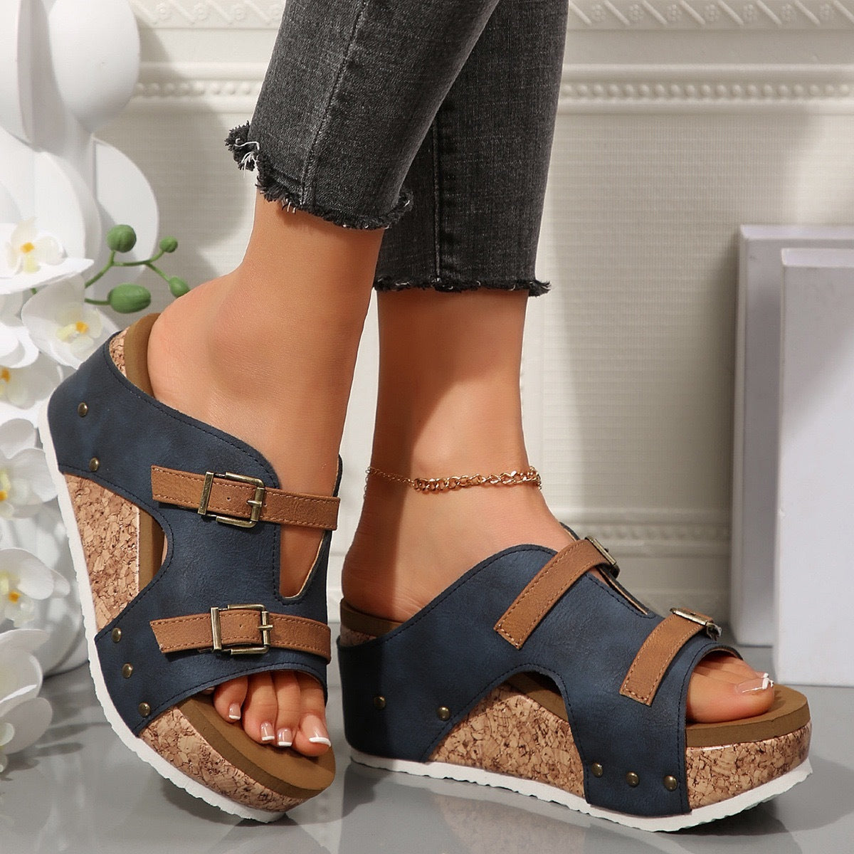 Ins Chunky Buckle Wedge Sandals – Open-Toe High Heel Beach Slides
