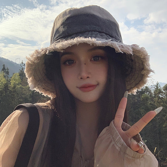 Oversized Distressed Denim Bucket Hat – Casual Sun-Proof Cap